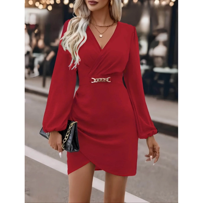 Kadın Uzun Kollu Kruvaze Yaka önden Asimetrik Detay Kısa Krep Elbise