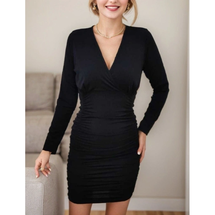 Kadın Uzun Kollu Kruvaze Yaka Sandy Mini Elbise