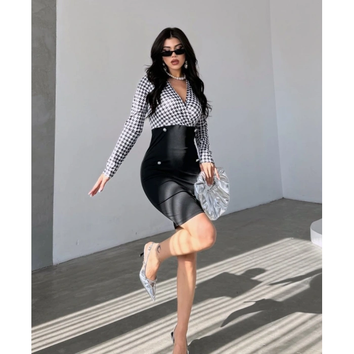 Kadın Uzun Kollu Kruvaze Yaka üst Kazayağı Desen Düğme Detaylı Dalgıç Elbise