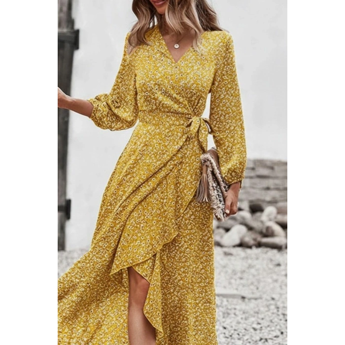 Kadın Uzun Kollu Kruvaze Yaka Yandan Bağlamalı önden Fırfır Detaylı Süprem Uzun Elbise