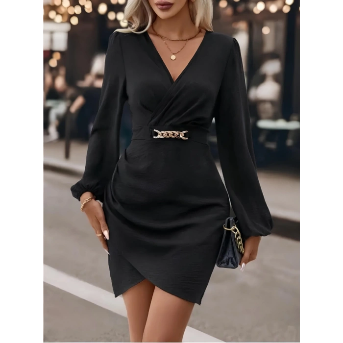Kadın Uzun Kollu Kruvaze Yaka Yandan Büzgülü Asimetrik Detaylı Ithal Krep Mini Elbise