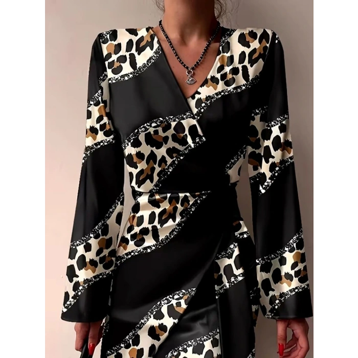 Kadın Uzun Kollu Kruvaze Yakalı Asimetrik Detaylı Mini Modal Elbise