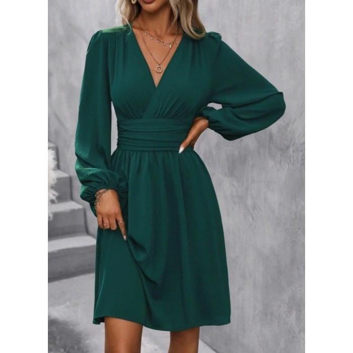 Kadın Uzun Kollu Kruvaze Yakalı Bel Korsajlı Mini Elbise