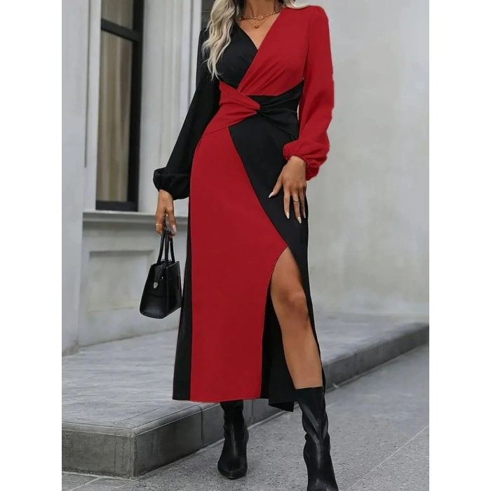Kadın Uzun Kollu Kruvaze Yakalı Belden çapraz Detaylı çift Renkli Midi Ithal Krep Elbise