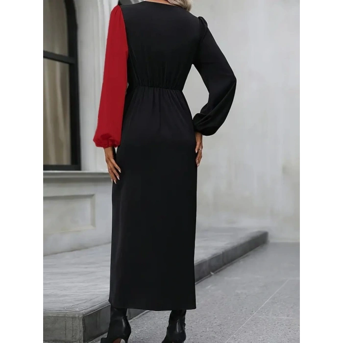 Kadın Uzun Kollu Kruvaze Yakalı Belden çapraz Detaylı çift Renkli Midi Ithal Krep Elbise