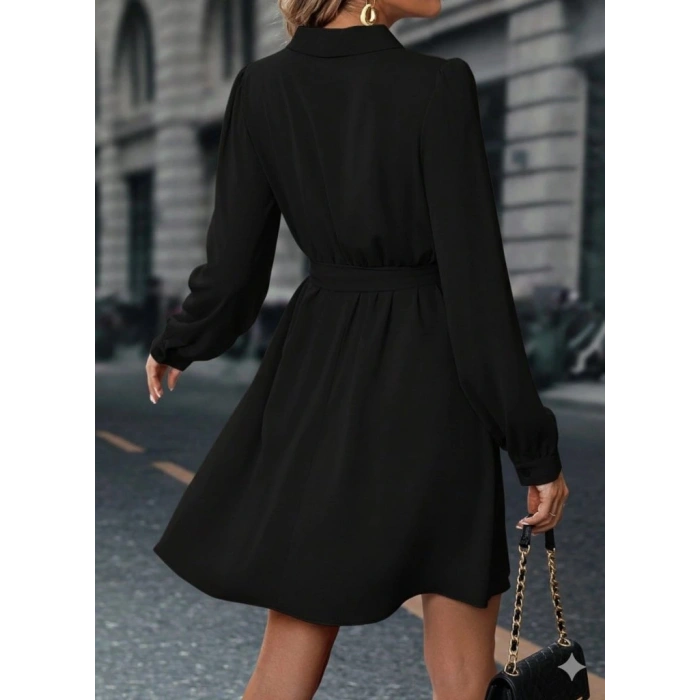Kadın Uzun Kollu Kruvaze Yakalı Belden Kuşaklı Mini çift Katlı Ithal Krep Elbise
