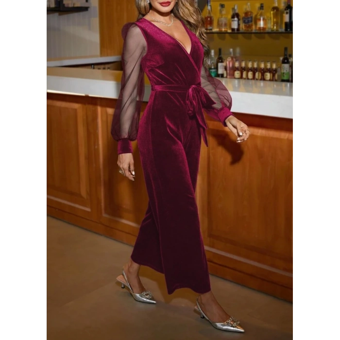 Kadın Uzun Kollu Kruvaze Yakalı Belden Kuşaklı Tül Detaylı Kadife Tulum