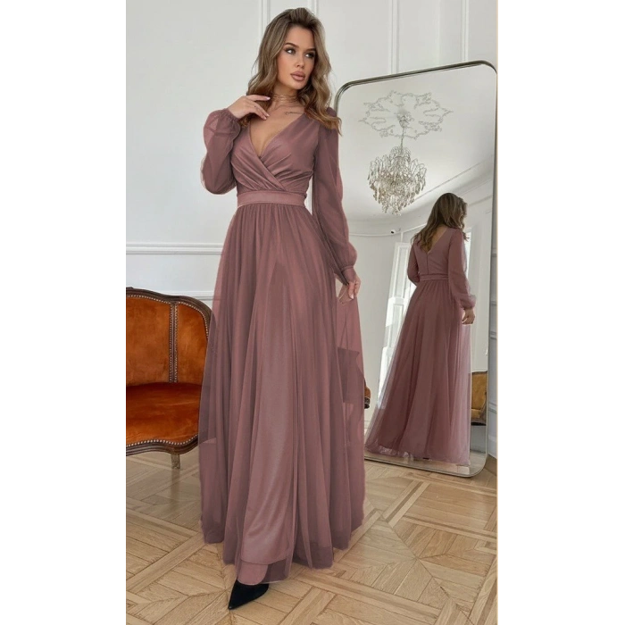 Kadın Uzun Kollu Kruvaze Yakalı Belden Kuşaklı Tüllü Uzun Ithal Krep Elbise