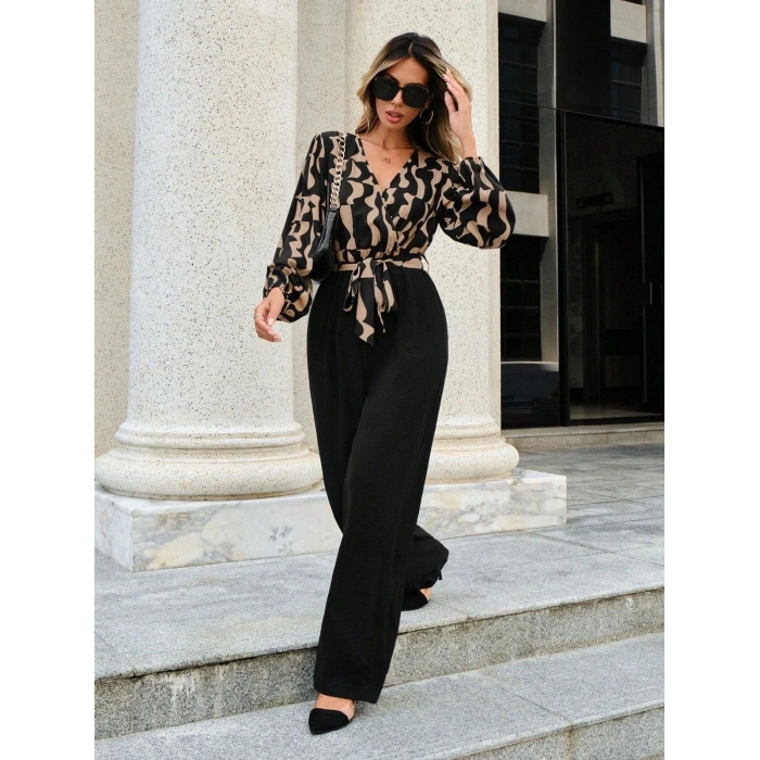 Kadın Uzun Kollu Kruvaze Yakalı Belden Kuşaklı üst Dalgıç Alt Ithal Krep Tulum