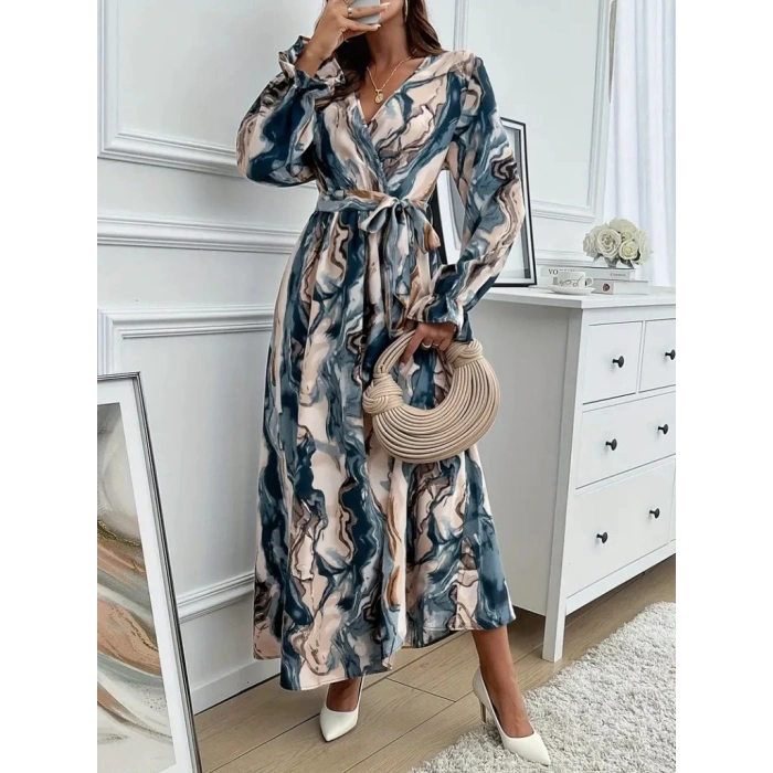 Kadın Uzun Kollu Kruvaze Yakalı Beli Kuşaklı Desenli Süprem Maxi Elbise