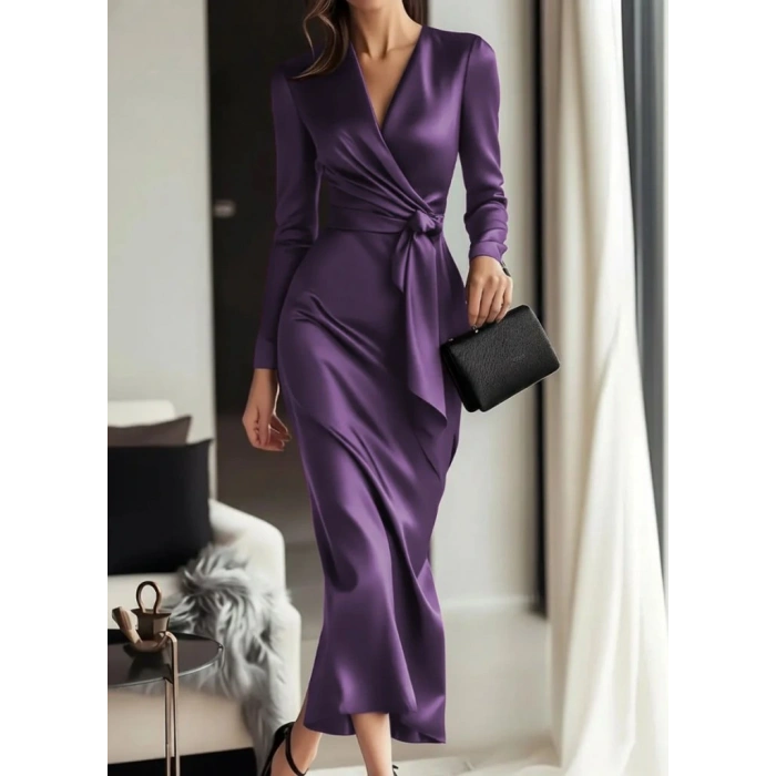 Kadın Uzun Kollu Kruvaze Yakalı Beli Kuşaklı Uzun Saten Elbise