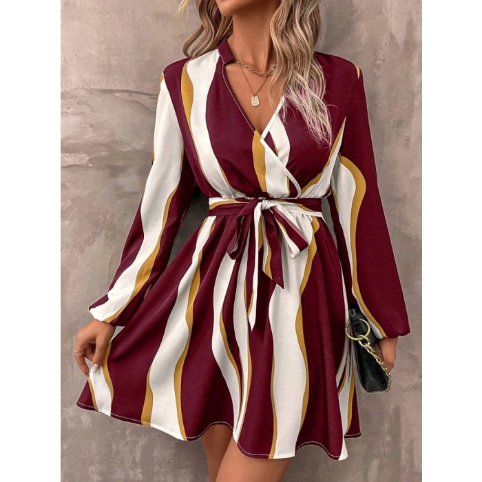 Kadın Uzun Kollu Kruvaze Yakalı Desenli Modal Mini Elbise