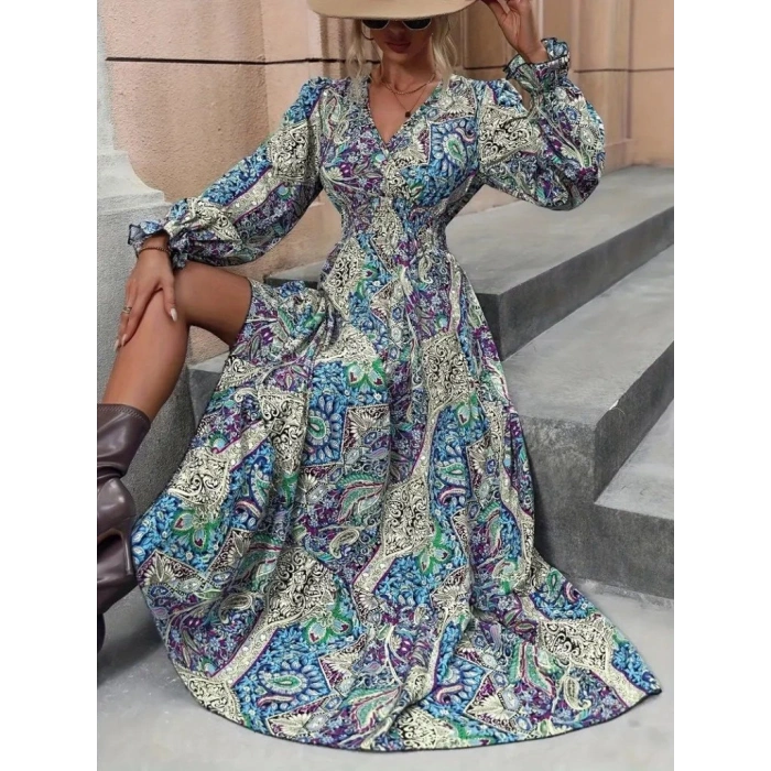 Kadın Uzun Kollu Kruvaze Yakalı Desenli Süprem Maxi Elbise