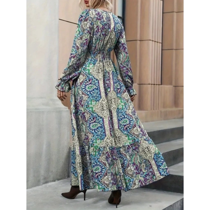 Kadın Uzun Kollu Kruvaze Yakalı Desenli Süprem Maxi Elbise