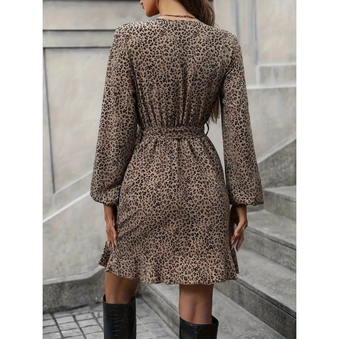 Kadın Uzun Kollu Kruvaze Yakalı Kuşaklı Desenli Kısa Modal Mini Elbise