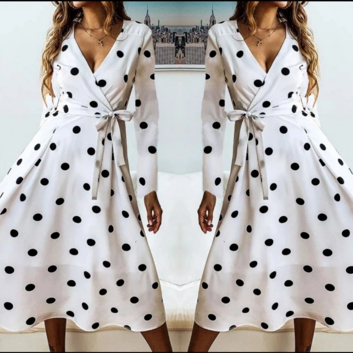 Kadın Uzun Kollu Kruvaze Yakalı Kuşaklı Puantiyeli Uzun Krep Elbise