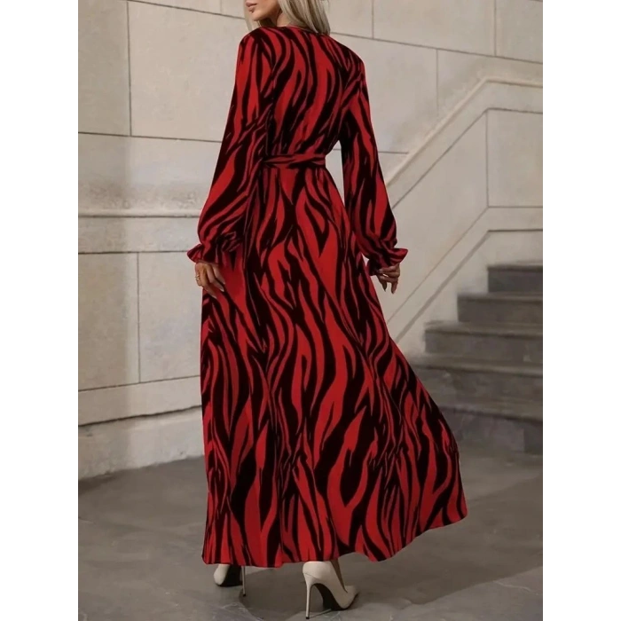 Kadın Uzun Kollu Kruvaze Yakalı Kuşaklı Zebra Desenli Süprem Maxi Elbise
