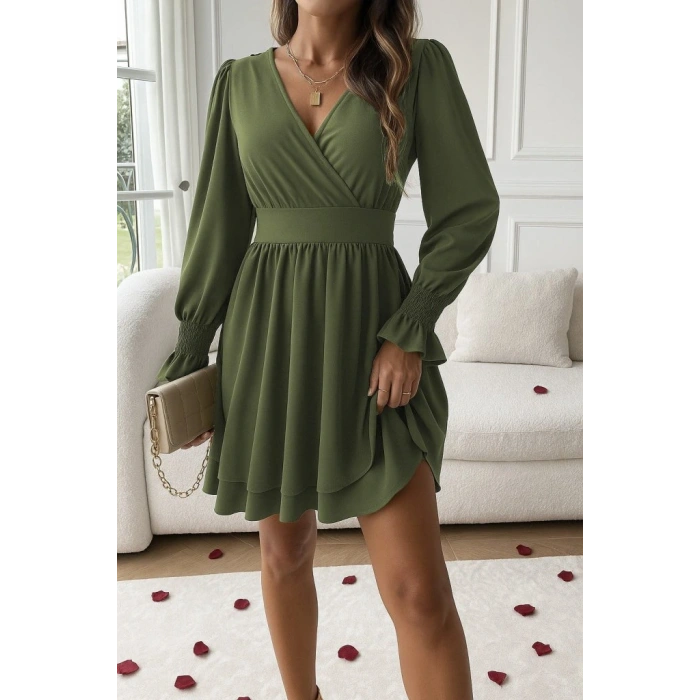 Kadın Uzun Kollu Kruvaze Yakalı Mini Sandy Elbise