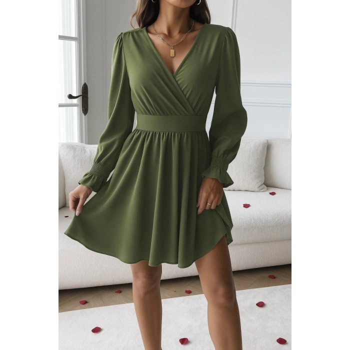 Kadın Uzun Kollu Kruvaze Yakalı Mini Sandy Elbise