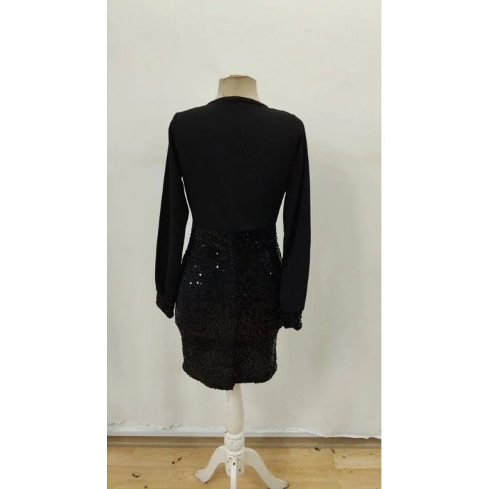 Kadın Uzun Kollu Kruvaze Yakalı üst Ithal Krep Alt Pulpayetli Mini Ithal Krep Elbise