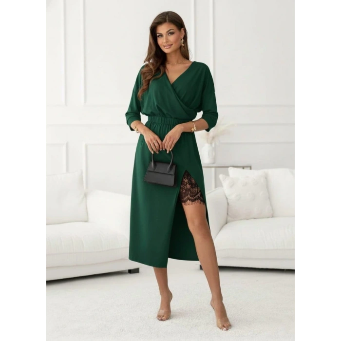 Kadın Uzun Kollu Kruvaze Yakalı Yandan Dantelli Midi Ithal Krep Elbise