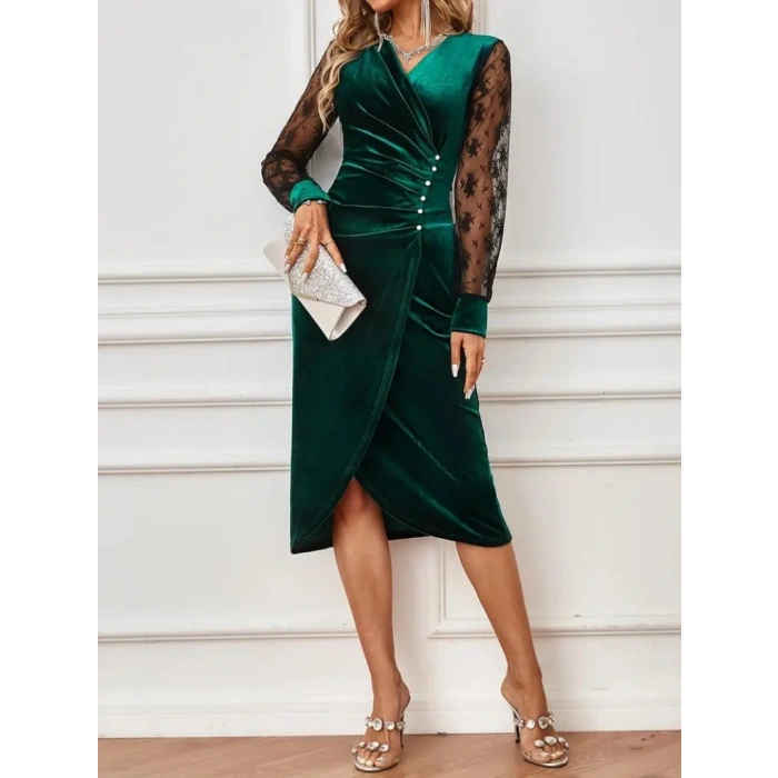 Kadın Uzun Kollu Kruvaze Yakalı Yandan Düğmeli önden çapraz Kesin Detaylı Midi Kadife Elbise