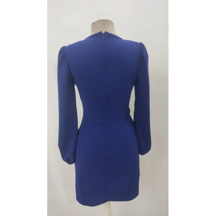 Kadın Uzun Kollu Kruvaze Yakalı Yanlardan Büzgü Detaylı Ithal Krep Kısa Elbise