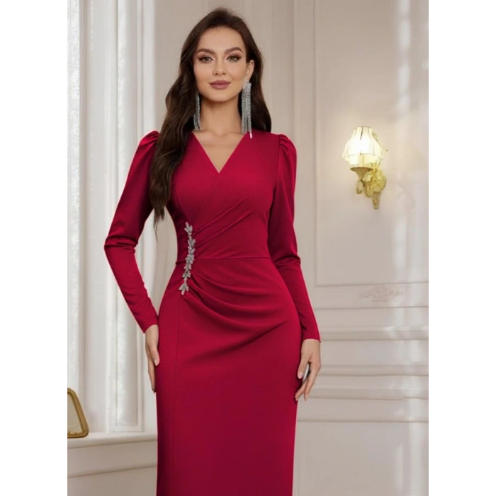 Kadın Uzun Kollu Kruvaze Yakalı Yanları Taşlı Yırtmaçlı Uzun Ithal Krep Elbise