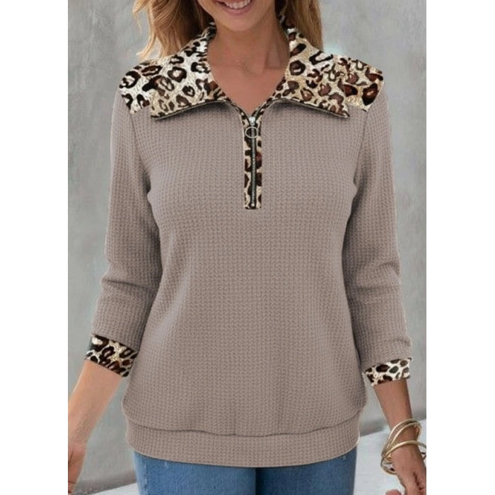 Kadın Uzun Kollu Leopar Yakalı Fermuarlı Waffle Bluz