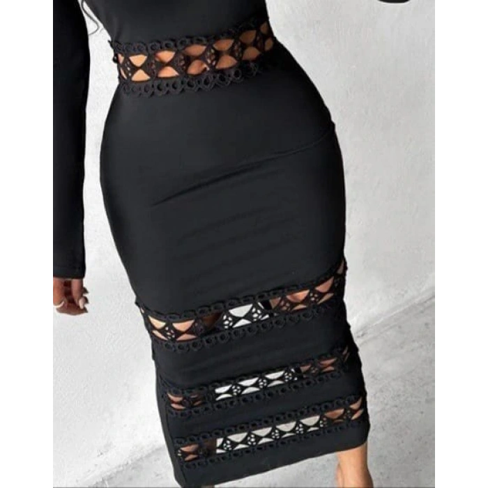 Kadın Uzun Kollu Madonna Dantel Yaka Yırtmaçlı Midi Dalgıç Elbise