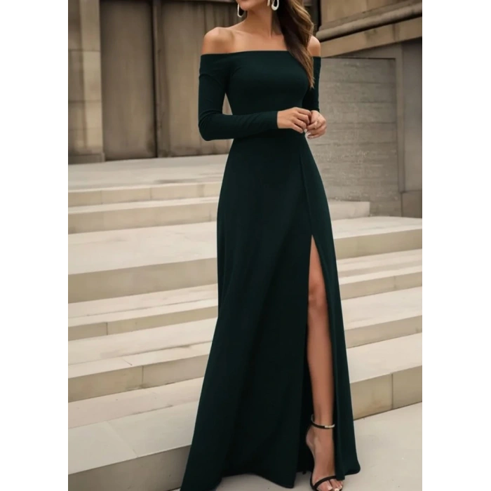 Kadın Uzun Kollu Madonna Yakalı Yırtmaç Detaylı Uzun Ithal Krep Elbise