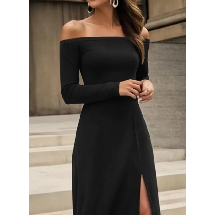 Kadın Uzun Kollu Madonna Yakalı Yırtmaç Detaylı Uzun Ithal Krep Elbise