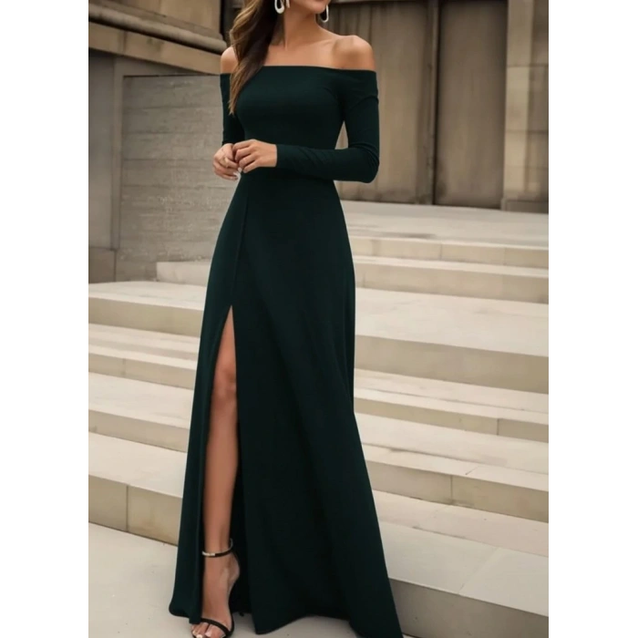 Kadın Uzun Kollu Madonna Yakalı Yırtmaç Detaylı Uzun Ithal Krep Elbise