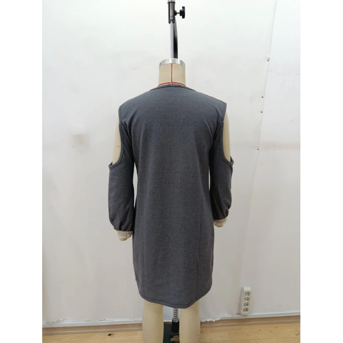 Kadın Uzun Kollu Omuzdan Açık V Dantel Yakalı Mini Waffle Elbise