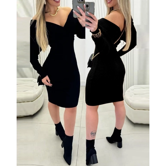 Kadın Uzun Kollu Omuzlardan Açık Kruvaze Yaka Kısa Triko Elbise