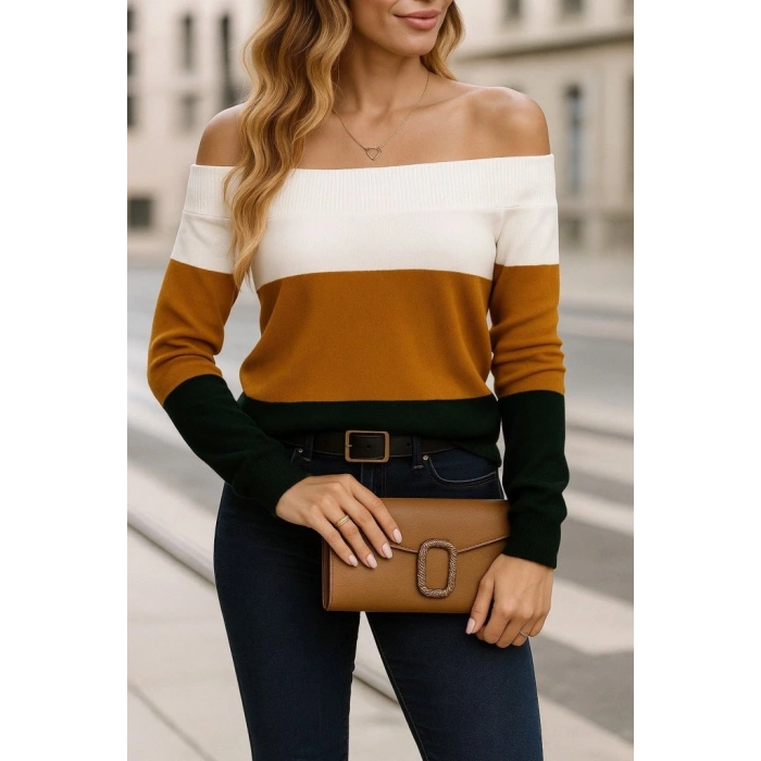 Kadın Uzun Kollu Omuzlardan Açık Uzun Kollu Blok çizgili Triko Bluz