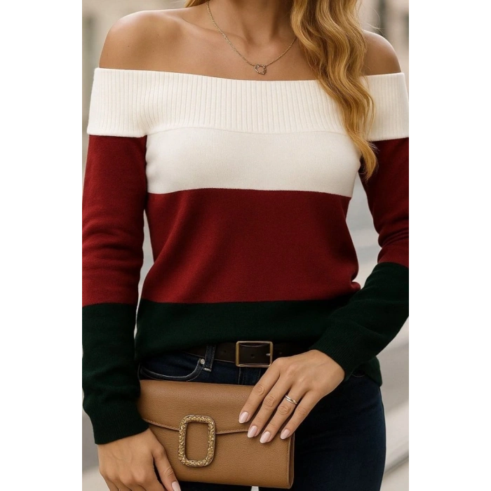 Kadın Uzun Kollu Omuzlardan Açık Uzun Kollu Blok çizgili Triko Bluz