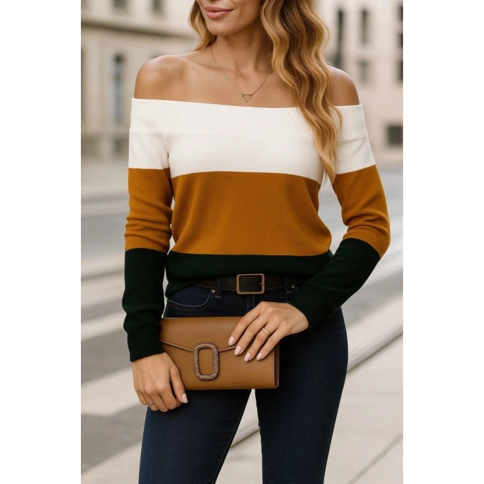 Kadın Uzun Kollu Omuzlardan Açık Uzun Kollu Blok çizgili Triko Bluz