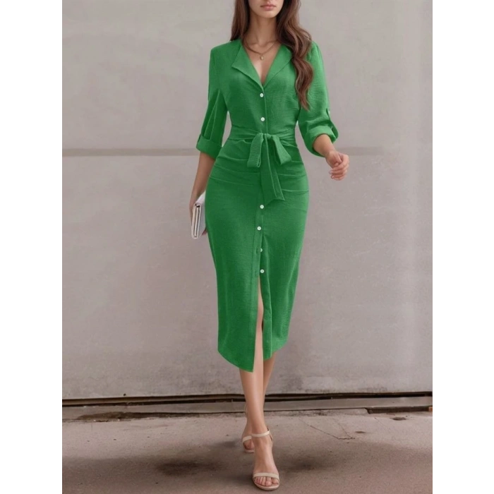 Kadın Uzun Kollu önden Düğmeli Beli Kuşaklı Aerobin Midi Elbise