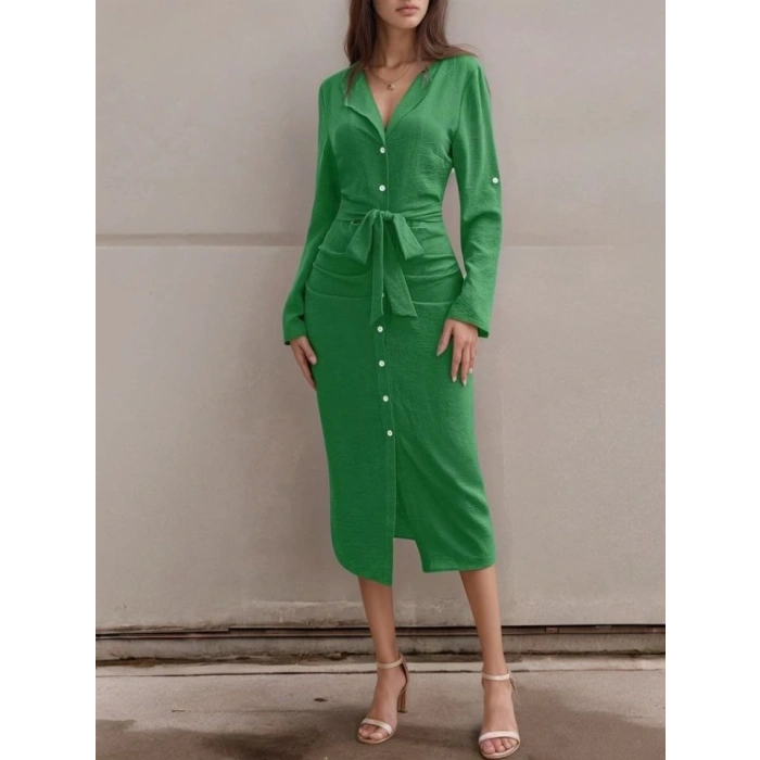 Kadın Uzun Kollu önden Düğmeli Beli Kuşaklı Aerobin Midi Elbise