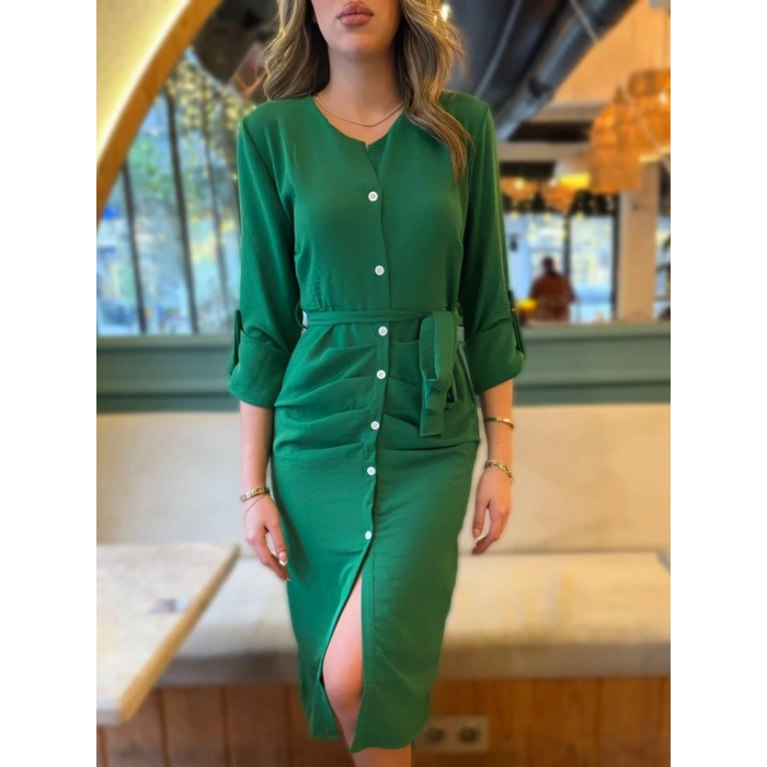 Kadın Uzun Kollu önden Düğmeli Beli Kuşaklı Aerobin Midi Elbise