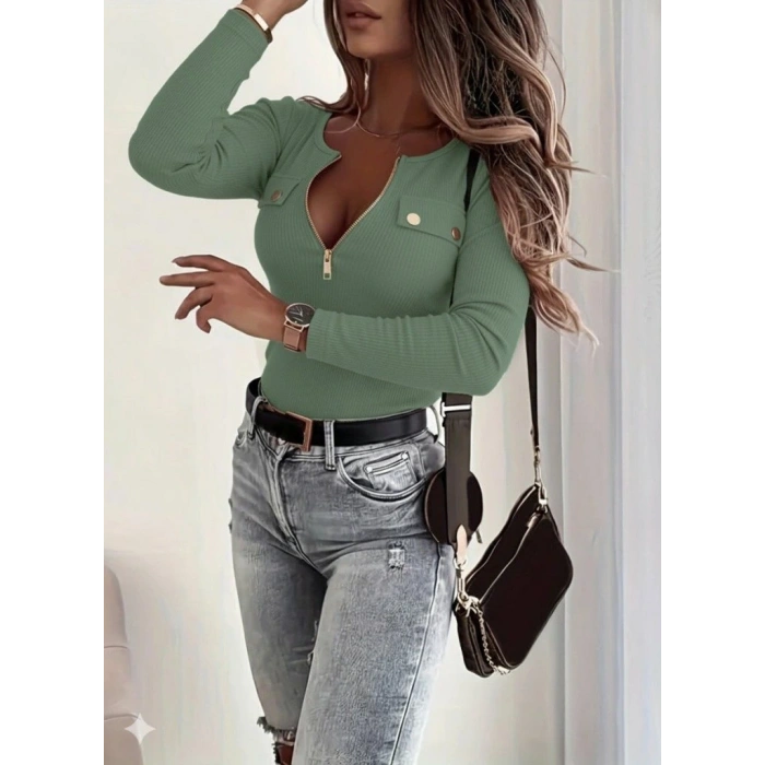 Kadın Uzun Kollu önden Fermuar Ve Cepli Kaşkorse Bluz