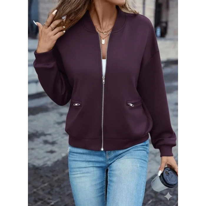 Kadın Uzun Kollu önden Fermuarlı Cepli Modal Mürdüm Ceket