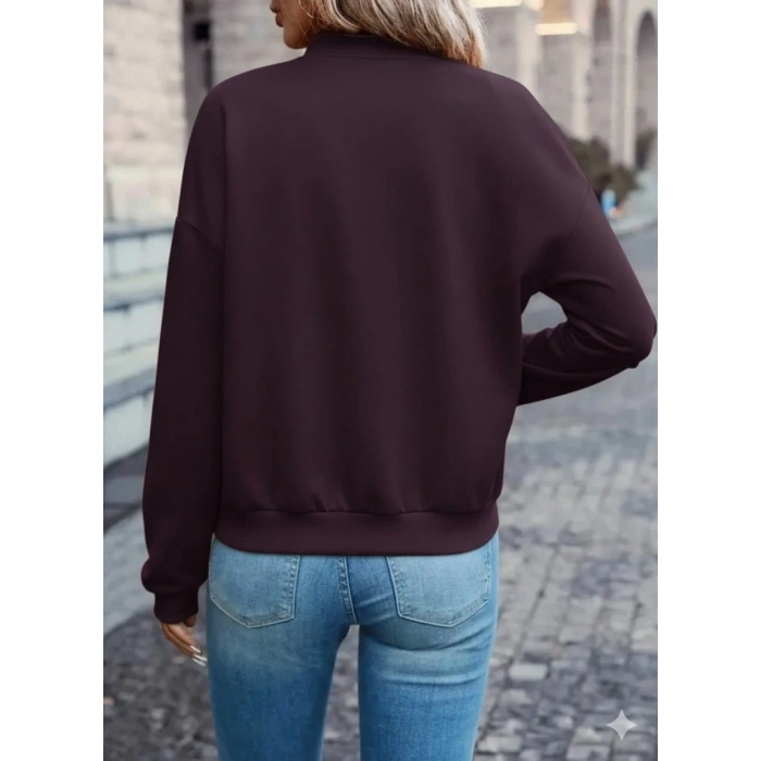 Kadın Uzun Kollu önden Fermuarlı Cepli Modal Mürdüm Ceket