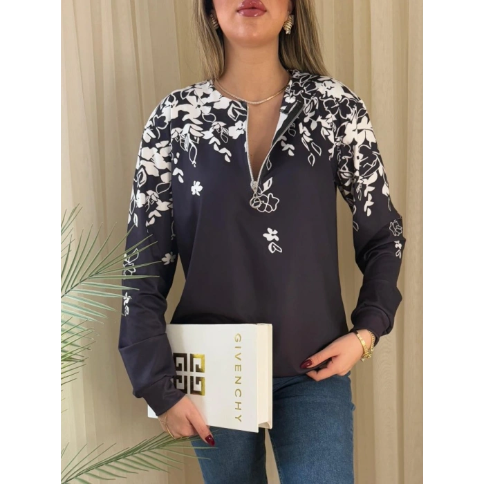 Kadın Uzun Kollu önden Fermuarlı çiçek Desenli şardonlu Dalgıç Bluz