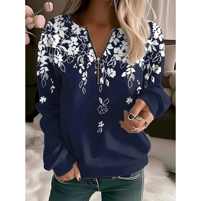 Kadın Uzun Kollu önden Fermuarlı çiçek Desenli şardonlu Dalgıç Bluz