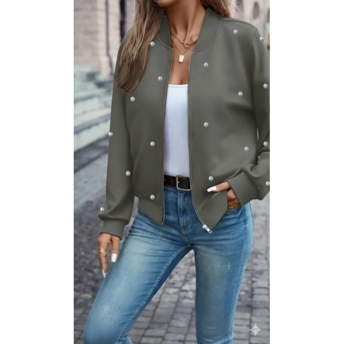 Kadın Uzun Kollu önden Fermuarlı Incili Kısa Modal Ceket