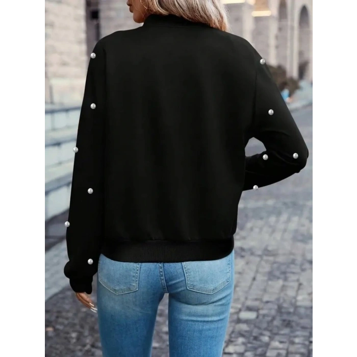 Kadın Uzun Kollu önden Fermuarlı Incili Kısa Modal Ceket