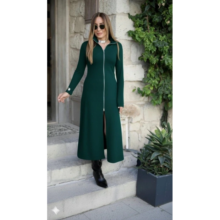 Kadın Uzun Kollu önden Fermuarlı Ithal Krep Elbise