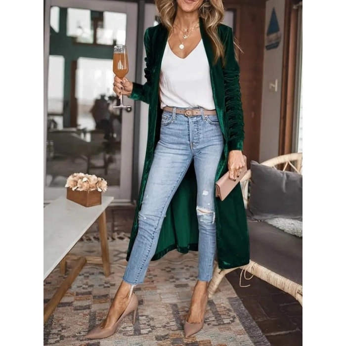Kadın Uzun Kollu önü Açık Kolları Uzun Midi Ceket
